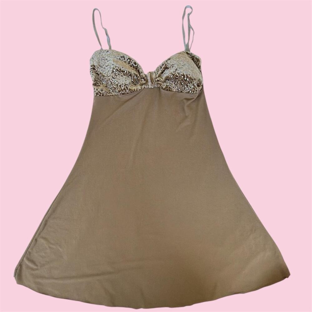 Euro Brown sequin camo babydoll dress with beige and brown sequins on the bust